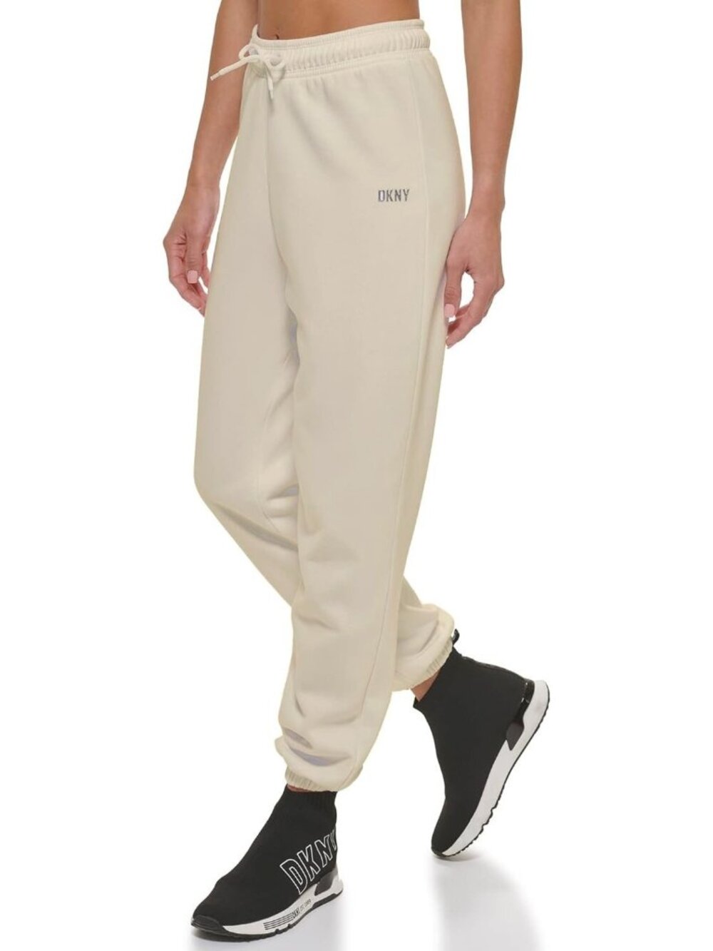 DKNY *Defect* Fleece Pull-On Drawstring Silver Logo Pants Cream Size XL $89